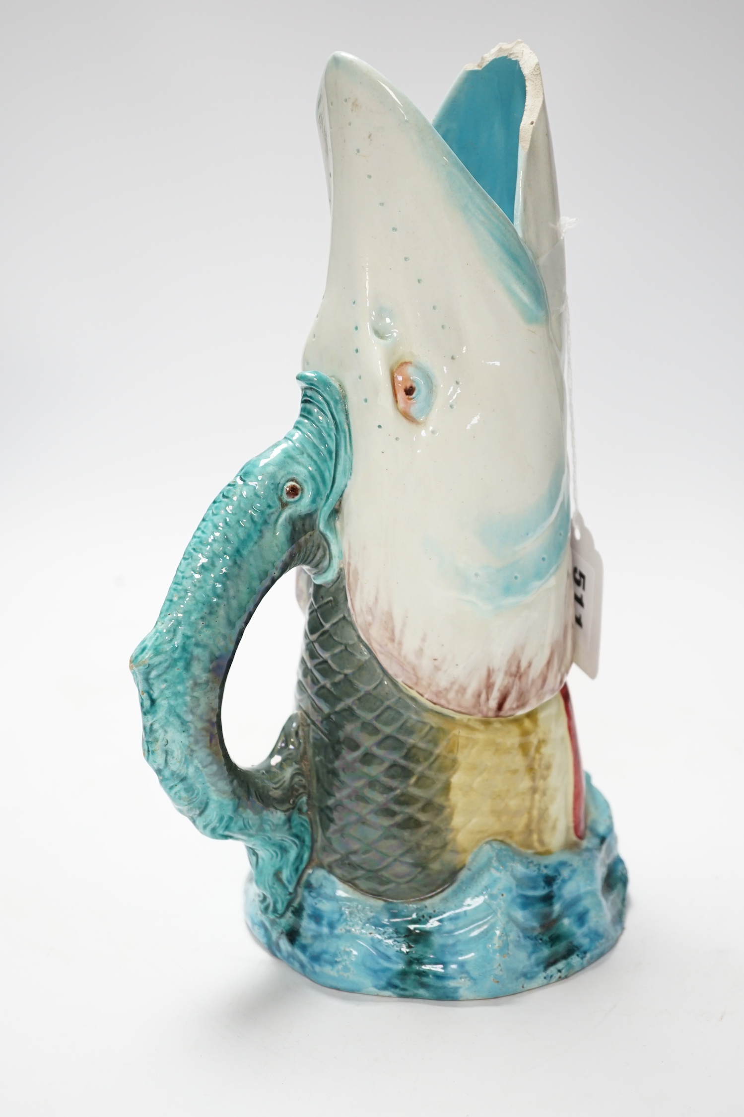 A Victorian Royal Worcester majolica trout jug, 30cm high